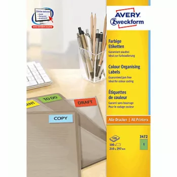 Lipnių etikečių lapai AVERY 3472 žali 210 x 297 mm