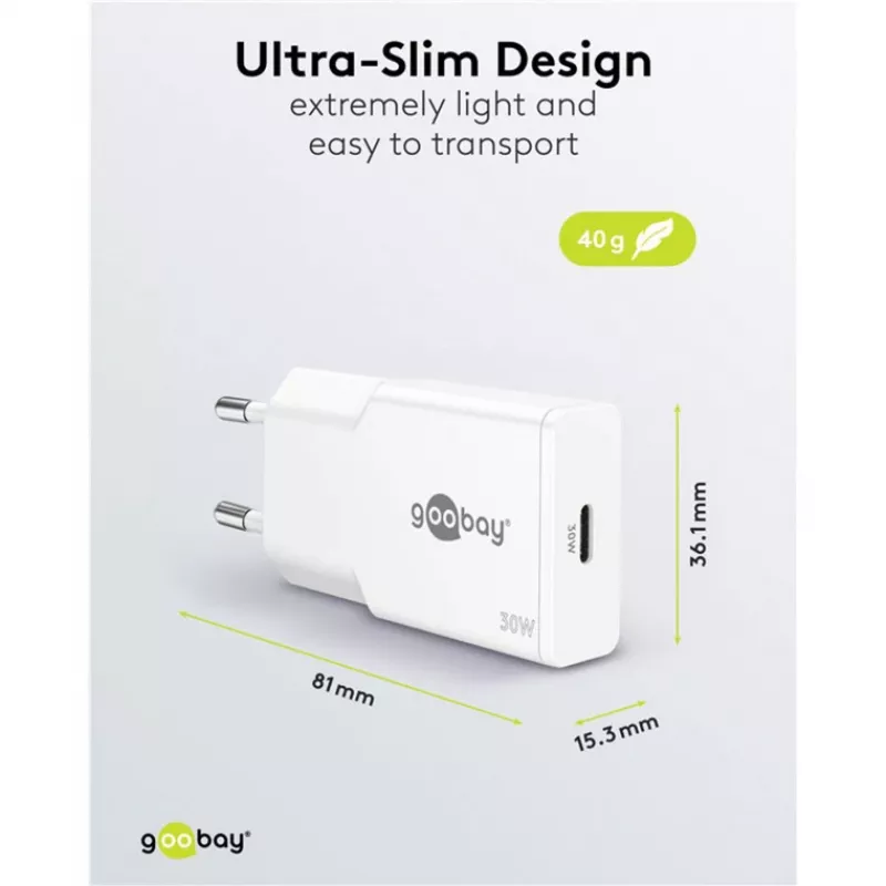 USB-C PD GaN greitasis įkroviklis plonas (30 W) (Baltas)