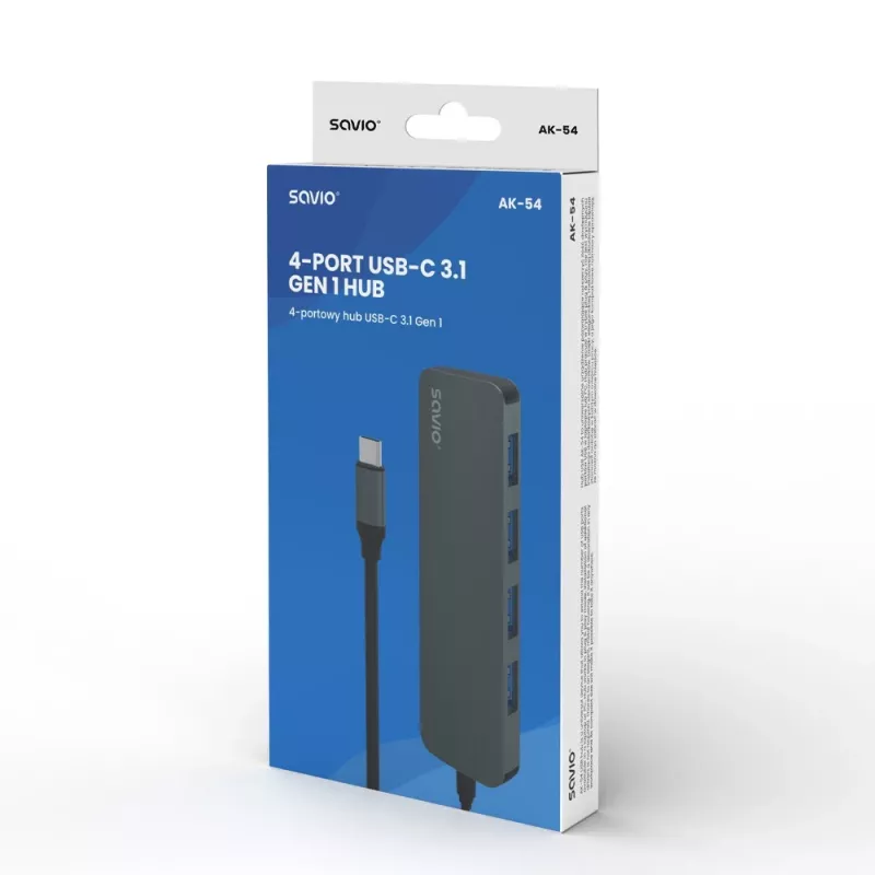 USB šakotuvas SAVIO AK-54 — 4× USB-A (USB 3.2 Gen 1), USB-C jungtis, juodas