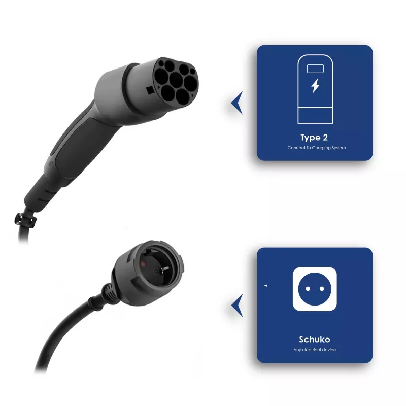 AKYGA AK-SC-E28 Type 2 į Schuko adapterinis laidas elektromobilių įkrovimui, 16A, 0,3 m, juodas