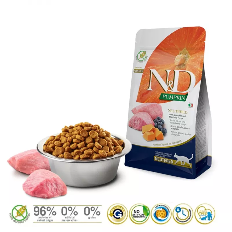 Sausas kačių ėdalas FARMINA N&D CAT PUMPKIN LAMB&BLUEBERRY ADULT 300g