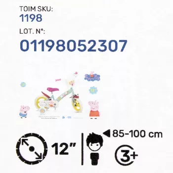 Vaikiškas dviratis Toimsa TOI1198 12 colių su Peppa Pig dizainu, putplasčio ratai, priekinis stabdis, treniruočių ratukai, krepšelis