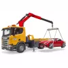 BRUDER Scania Super 560R pagalbos kelyje komplektas su vilkiku ir sportiniu automobiliu