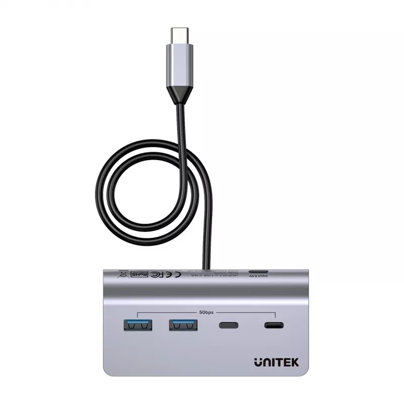 USB šakotuvas Unitek H1337AGY01 – 4 prievadai (2×USB-C, 2×USB-A), iki 5 Gbps, aliuminis, sidabrinis