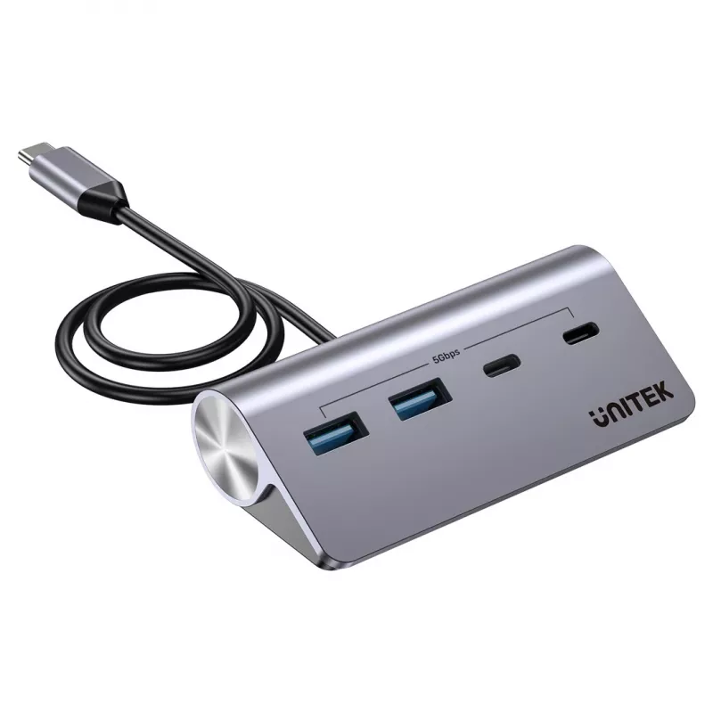 USB šakotuvas Unitek H1337AGY01 – 4 prievadai (2×USB-C, 2×USB-A), iki 5 Gbps, aliuminis, sidabrinis