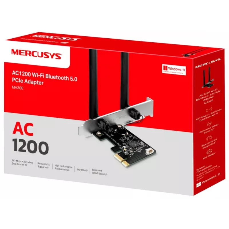 Mercusys AC1200 Wi-Fi Bluetooth PCIe Adapter MA30E Dviejų Juostų