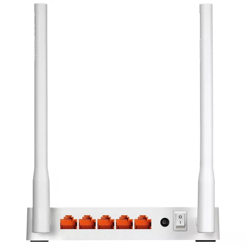 Stalinis maršrutizatorius TOTOLINK N300RT — vienos juostos 2.4 GHz Wi‑Fi 4, 300 Mbps, 5x RJ-45 Fast Ethernet prievadai, 2 išorinės 5 dBi antenos