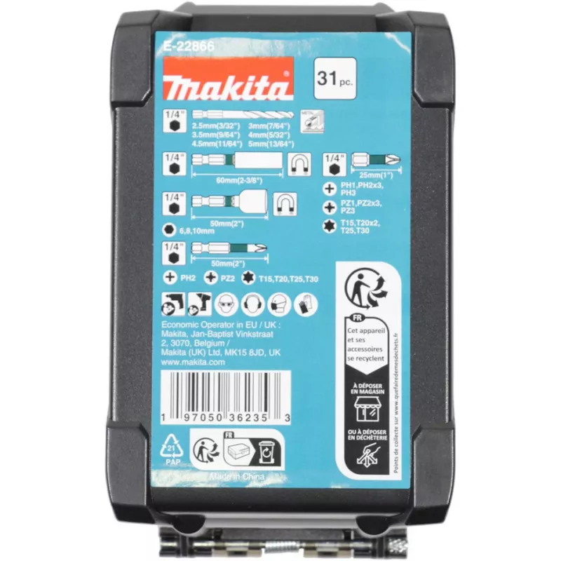 Gręžtų rinkinys Makita E-22866 – 31 vnt., įvairių dydžių medžiui, metalui, mūrui