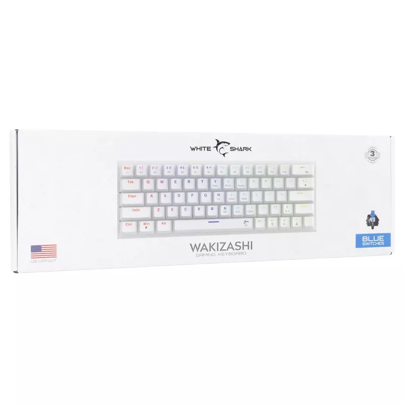 Mechaninė žaidimų klaviatūra White Shark Wakizashi WAKIZASHI-2-US-W-BLUE — JAV išdėstymas, mėlyni jungikliai