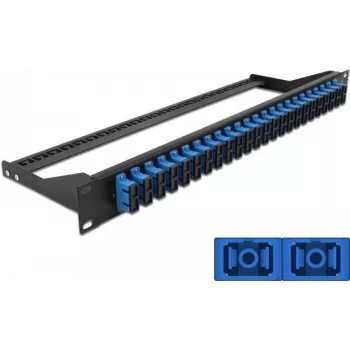 Patch panel DELOCK 43392 1U pluoštui SC, montavimui į stovą, 482,6×43,6×150 mm, juoda/mėlyna