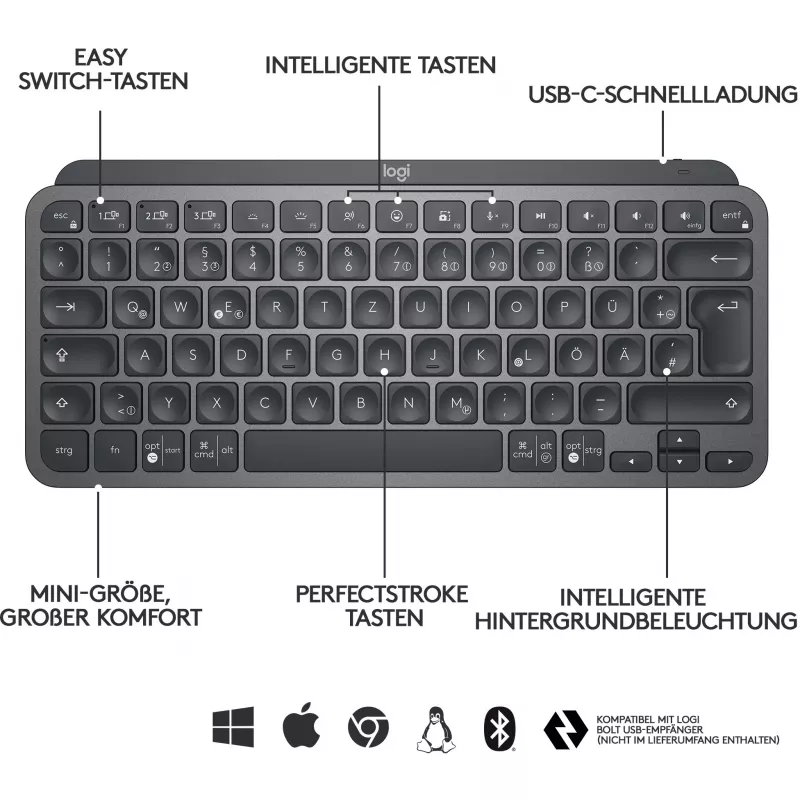 Logitech MX Keys Mini - klaviatūra - su apšvietimu - Bluetooth - QWERTZ - Šveicariška - grafito spalvos (920-010485)