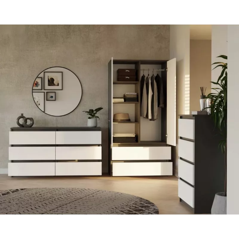 Spinta MALWA SS-90 90×180×50 cm, antracitinis rėmas, balti varstomi durys, 2 stalčiai, laminatas 16 mm