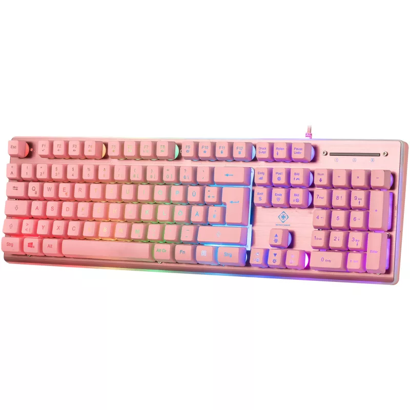 Deltaco GAM-021-RGB-P-DE – pilno dydžio (100%) USB membraninė klaviatūra, QWERTZ išdėstymas, rožinė
