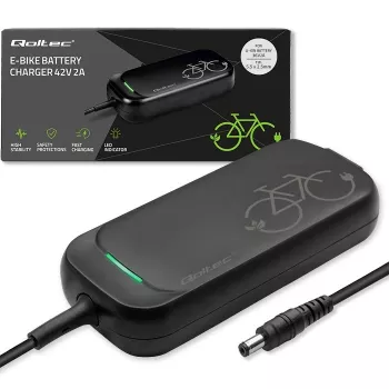 Qoltec greitasis įkroviklis 36V elektriniam paspirtukui ir dviračiui | 42V | 2A | 5,5*2,5 | atsparus vandeniui + maitinimo laidas