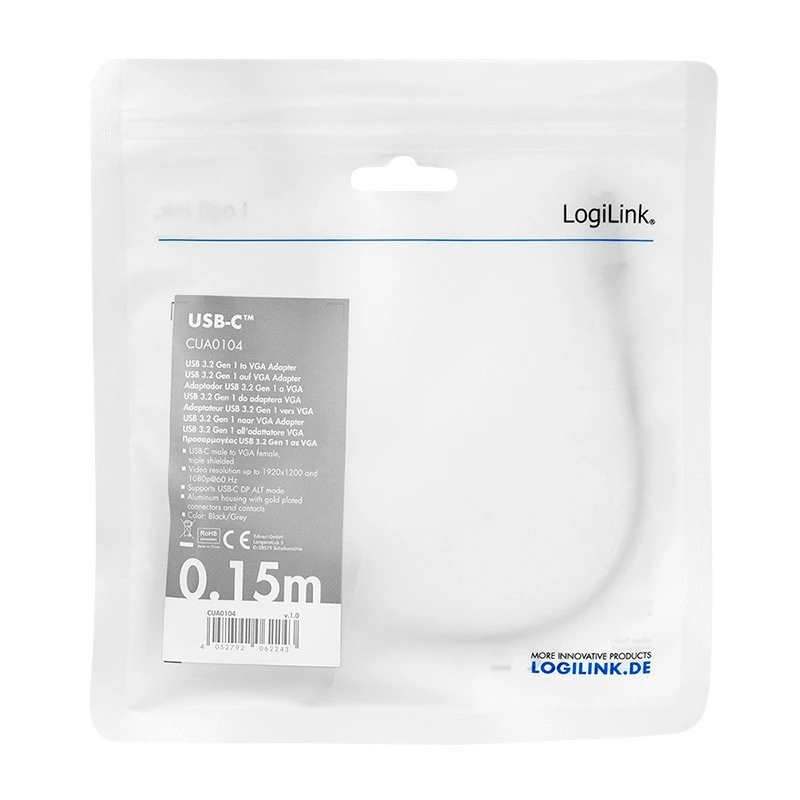 USB Type-C į VGA (D-Sub) vaizdo adapterio kabelis LOGILINK CUA0104 0,15 m, pilkai juodas