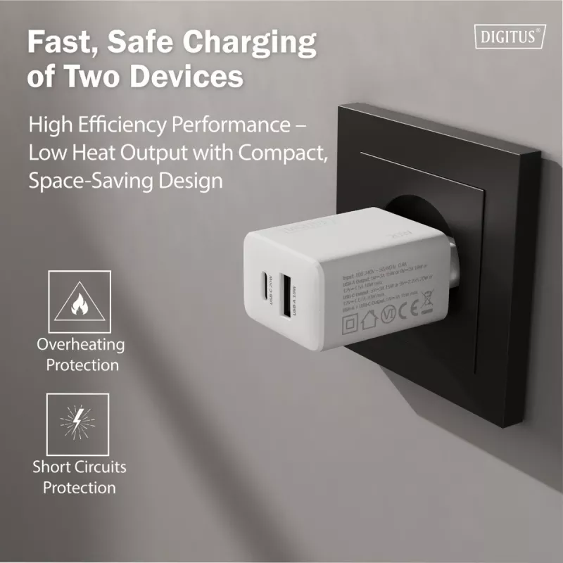 USB-C ir USB-A įkroviklis DIGITUS 20 W, 1x USB-C, 1x USB-A, 100–240 V, baltas