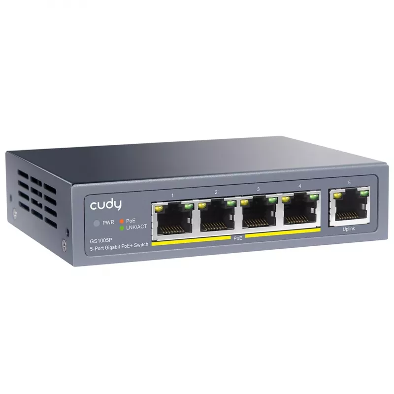 Tinklo jungiklis Cudy GS1005P – 5 prievadų Gigabit Ethernet su 4 PoE prievadais, 60W, metalinis korpusas, montuojamas į stelažą