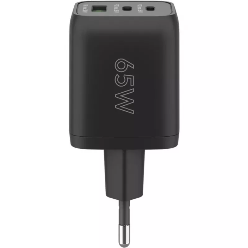 USB-C greitasis įkroviklis Nano, PD, GaN, 65 W, USB-C pintas laidas (juodas, 1x USB-A, 2x USB-C PD, Quick Charge 3.0, 1 m laidas)