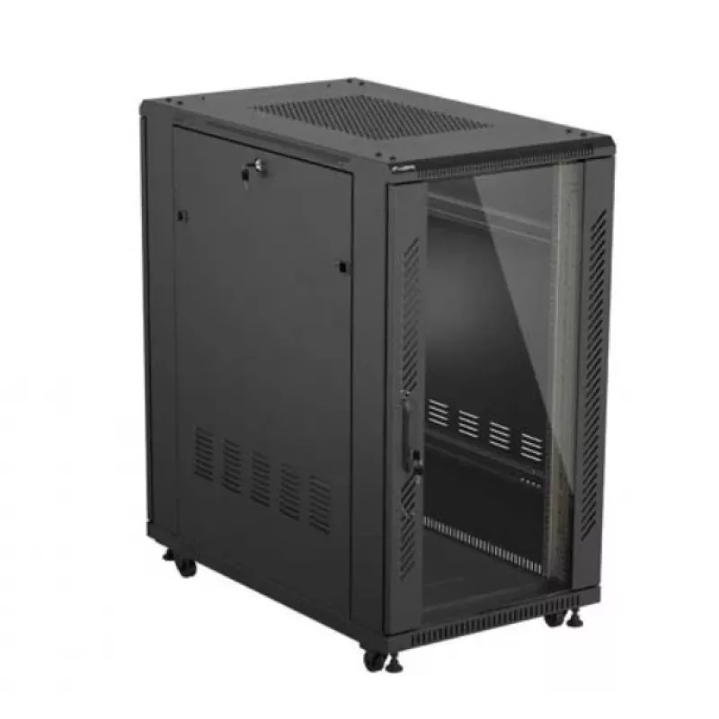 19 colių stelažinė spinta LANBERG 22U 600x1000 mm, juoda, stiklinės priekinės ir galinės durys