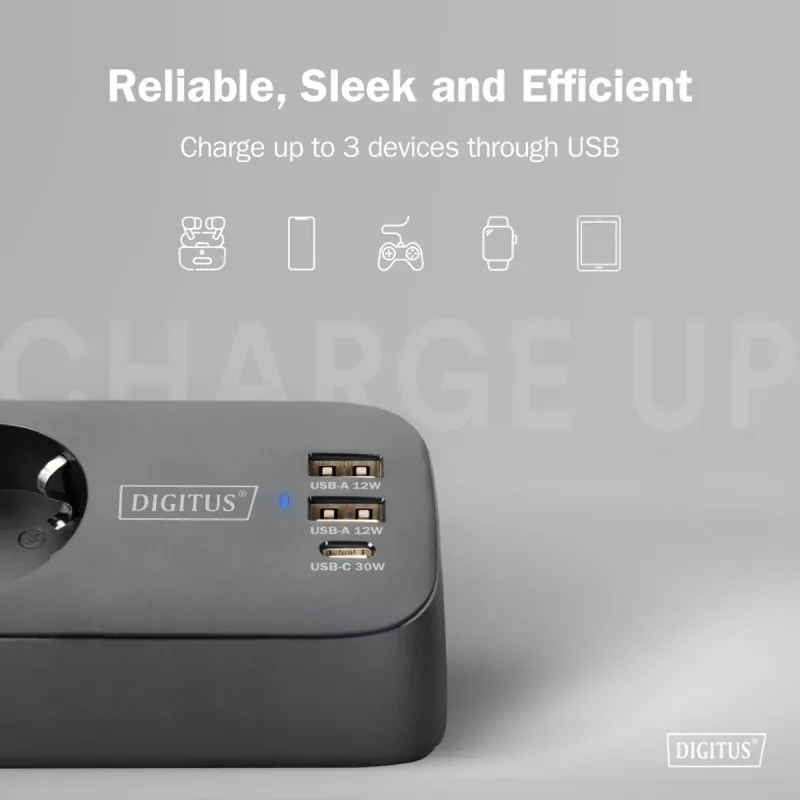 Maitinimo juosta DIGITUS 3 kištukiniai lizdai su 2×USB-A ir 1×USB-C, 1,5 m laidas, juoda