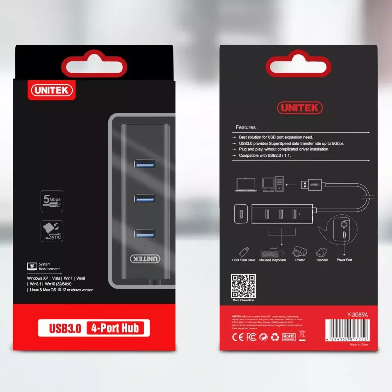 UNITEK Y-3089 USB 3.2 Gen 1 Type-A išplėtimo šakotuvas, 4 prievadai, 5000 Mbit/s, juodas