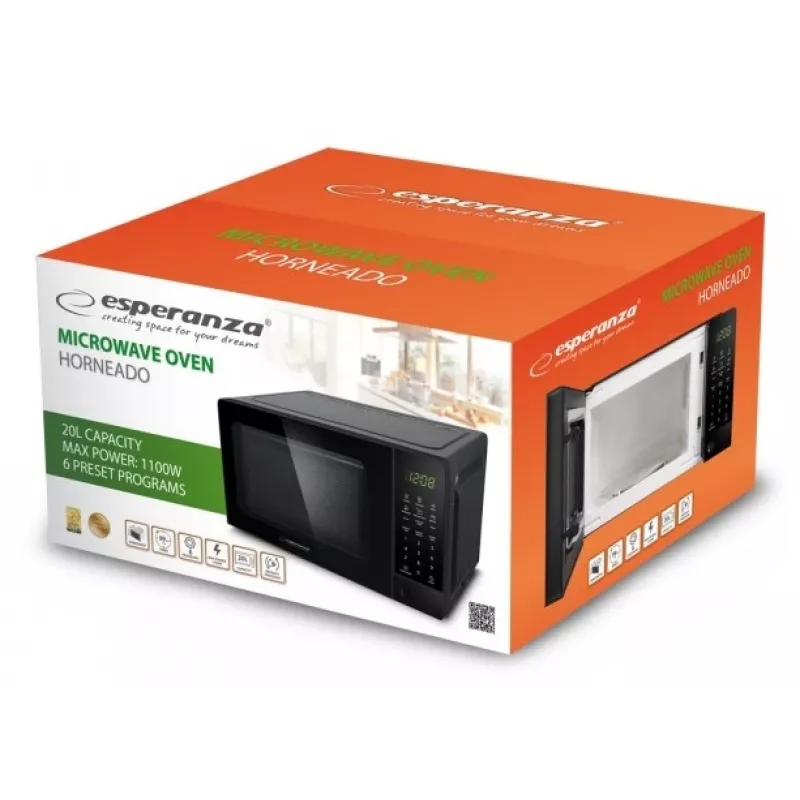 Mikrobangų krosnelė Solo ESPERANZA EKO009 — 700 W, 20 L, LED ekranas, jutiklinis valdymas, 24,5 cm stiklinė lėkštė, juoda