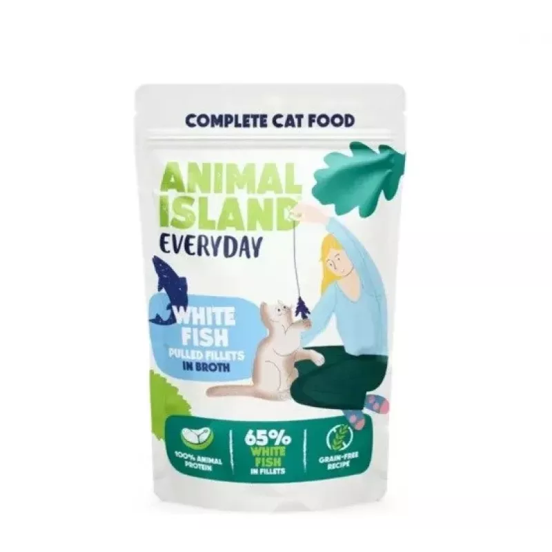 ANIMAL ISLAND baltos žuvies sultinyje kačių ėdalas mono-pakas 40x85g