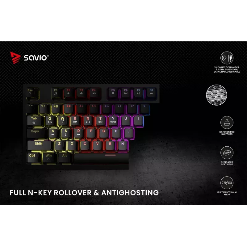 Savio Phenix SAVGK-RED belaidė mechaninė klaviatūra (82 klavišai, 75 %, Gateron Pro, RGB, RF 2,4 GHz / Bluetooth / USB)