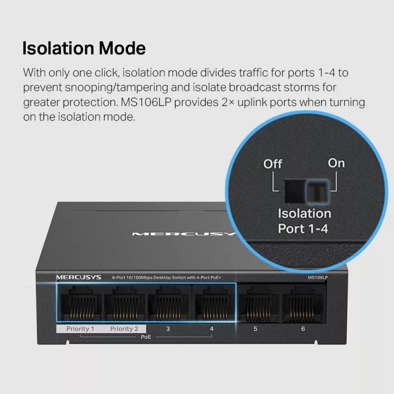 Mercusys 6 prievadų 10/100Mbps darbalaukio jungiklis su 4 PoE+ prievadais