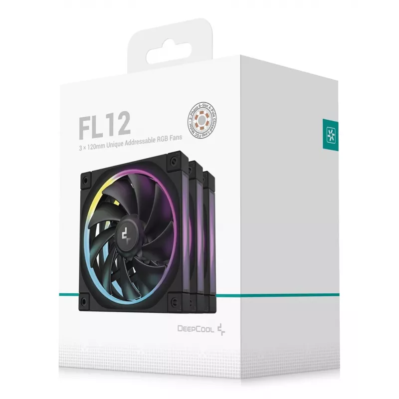 120 mm PC ventiliatorius DeepCool FL12 3 viename, juodas, 120×25 mm, 2150 RPM, skysčio dinaminis guolis, PWM, 55 CFM, 32 dB, 3 vnt. pakuotė