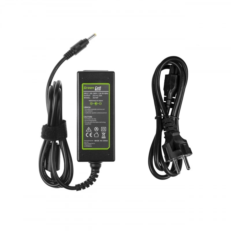 Maitinimo adapteris Green Cell AD76P 45W, skirtas Lenovo nešiojamiesiems kompiuteriams, 20V 2.25A, AC-DC, 100–240V įėjimas, juodas