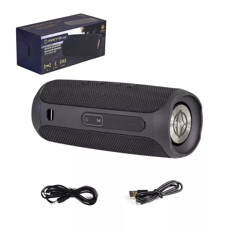 Nešiojamas garsiakalbis MANTA SPK130GO BT – Bluetooth 5.0, TWS, FM, 10W RMS, įkraunamas (juodas, 8×8×19 cm)