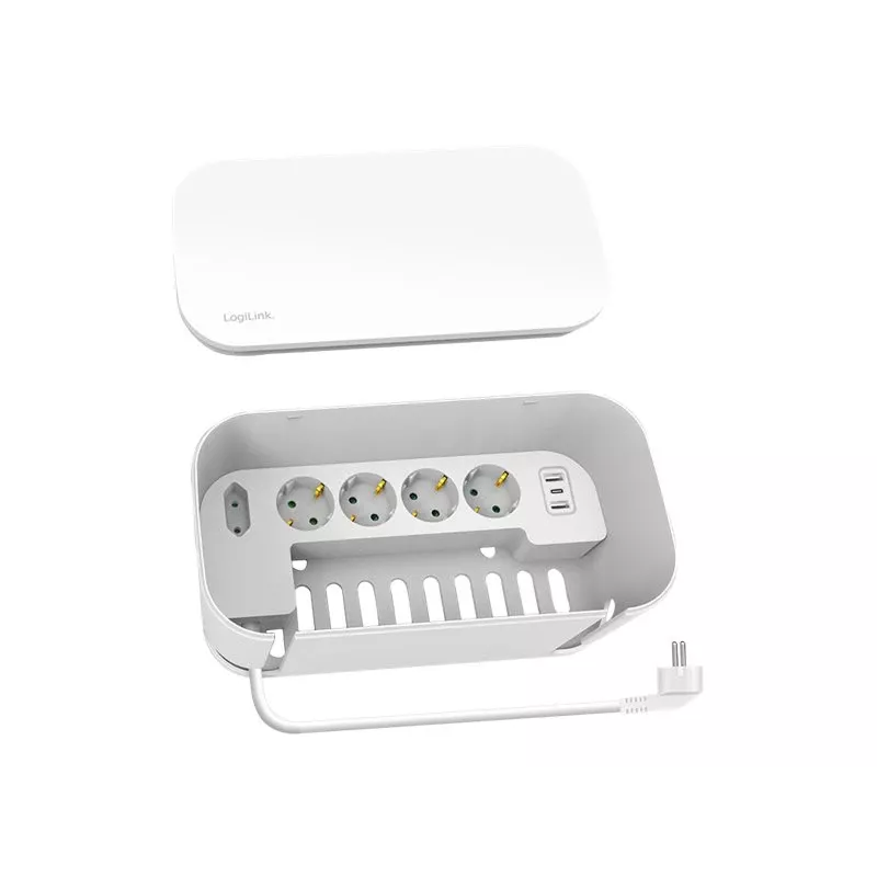 LogiLink LPS281U ilgintuvas su 4 saugiais lizdais, 2 USB-A ir 1 USB-C, baltas