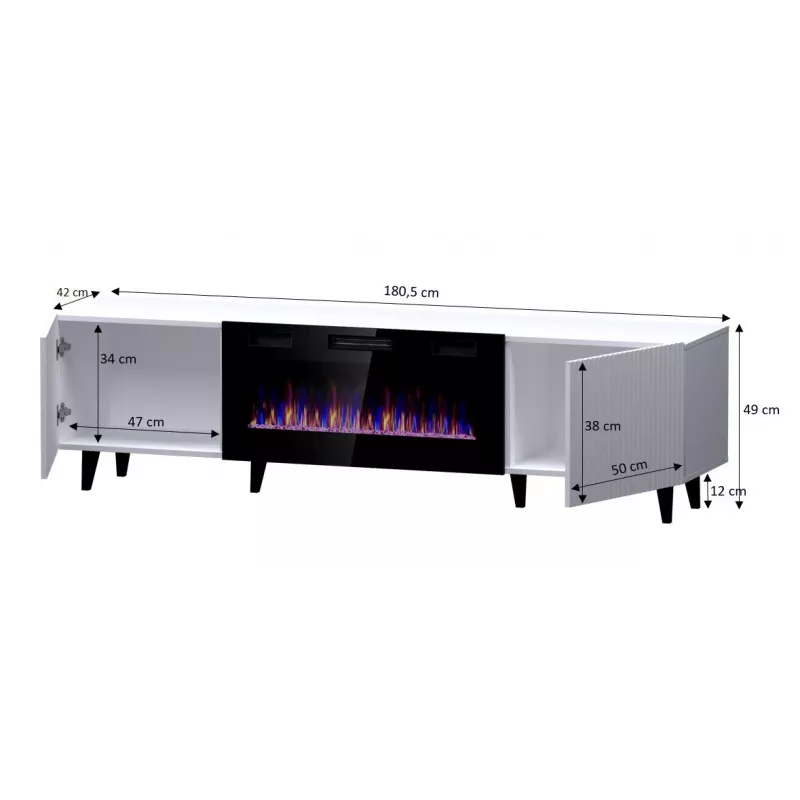 Spintelė TV su elektriniu židiniu Cama Meble PAFOS EF 180×42×49 cm, balta matinė