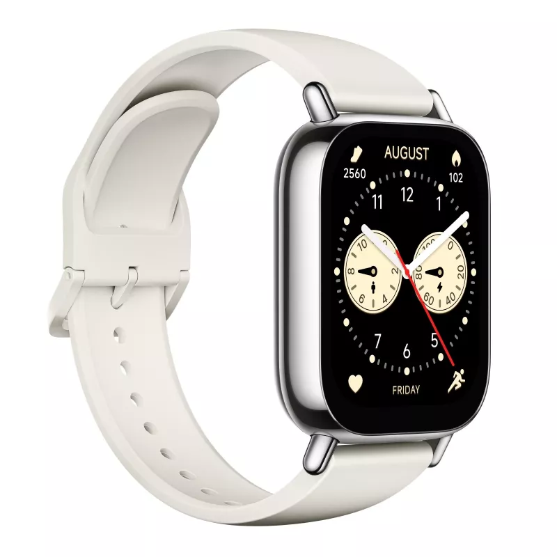 Išmanusis laikrodis Xiaomi Redmi Watch 5 Lite — 1,96 colio AMOLED ekranas, GPS, 470 mAh baterija, auksinis korpusas, baltas TPU dirželis