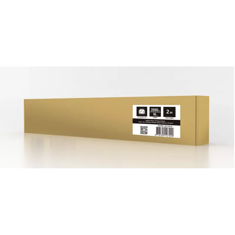 Gembird EG-PDU-10C132C19 1U stovo maitinimo skirstytuvas – 10x C13 lizdų, 16A C19 įvadas, 2 m laidas, 3500 W
