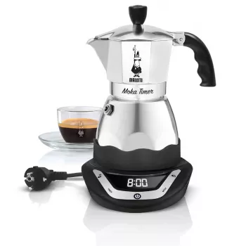 Elektrinis mokos kavos virimo aparatas BIALETTI 3 puodeliams Moka Timer, programuojamas LED ekranas, aliumininis korpusas, talpykla