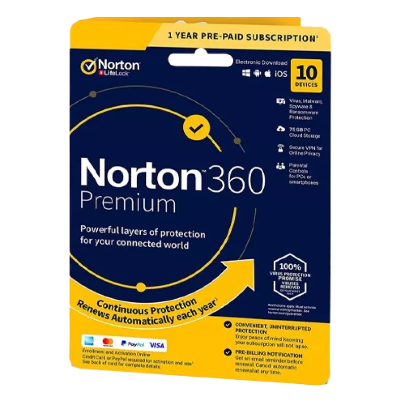 Norton 360 Premium | 10 įrenginių | 1 metai | 75 GB debesies saugykla | ES | NE prenumerata