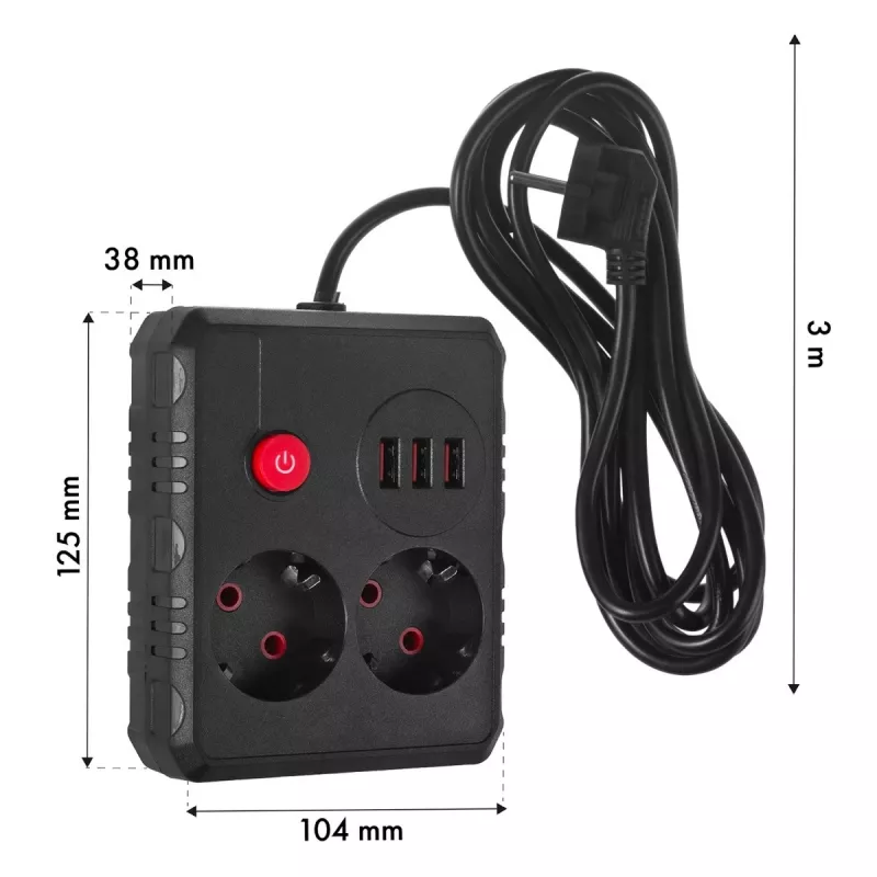 Maitinimo blokas MACLEAN MCE388 B – 2 AC lizdai, 3×USB A, 110–120V 50/60Hz, 2500W, 3 m laidas, juodas