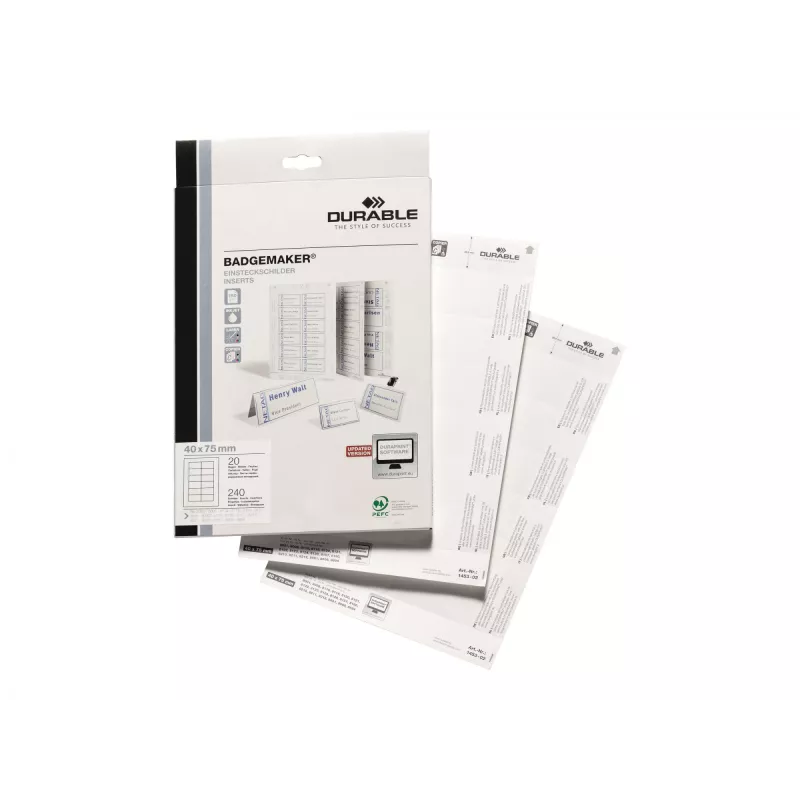 Durable 1453-02 Įdėklai vardų kortelėms, 240 vnt., A4 perforuoti lapai