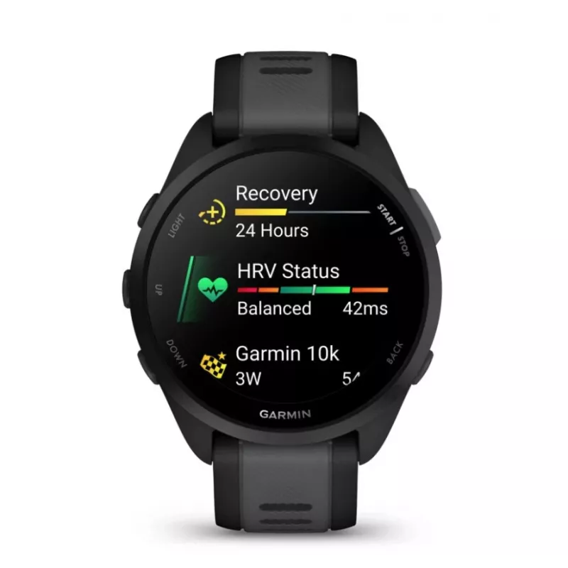 Garmin Forerunner 165 laikrodis su 3,05 cm (1,2 colio) AMOLED jutikliniu ekranu, 43 mm, 390 x 390 pikselių, juodas, GPS