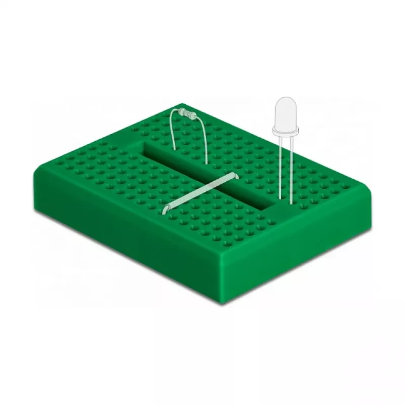 Breadboard DELOCK 18321 – litavimui nereikalinga prototipų plokštė, plastikinė, 36×46×10 mm, žalia
