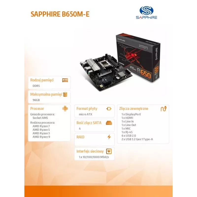Pagrindinė plokštė Sapphire B650M-E (AMD B650) micro ATX, Socket AM5, DDR5, 2x DIMM, 96GB, 2x M.2 (PCIe5/4), 4x SATA III, 2.5Gb LAN