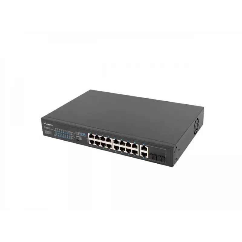 Nevaldomas jungiklis LANBERG RSFE-16P-2C-250 — 18 prievadų Gigabit, 16x PoE+ (30W), 2x SFP, 250W, 1U, metalinis, montuojamas į stelažą