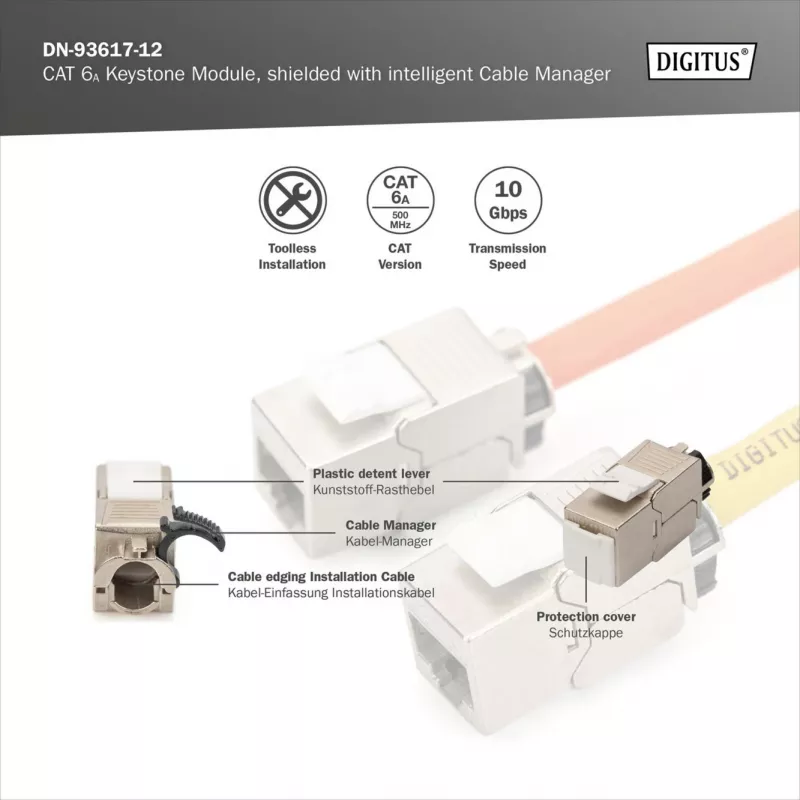 Digitus Cat.6A ekranuotas Keystone modulis su išmaniuoju kabelių tvarkytuvu, 12 vnt., sidabrinis
