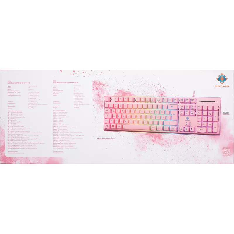 Deltaco GAM-021-RGB-P-DE – pilno dydžio (100%) USB membraninė klaviatūra, QWERTZ išdėstymas, rožinė