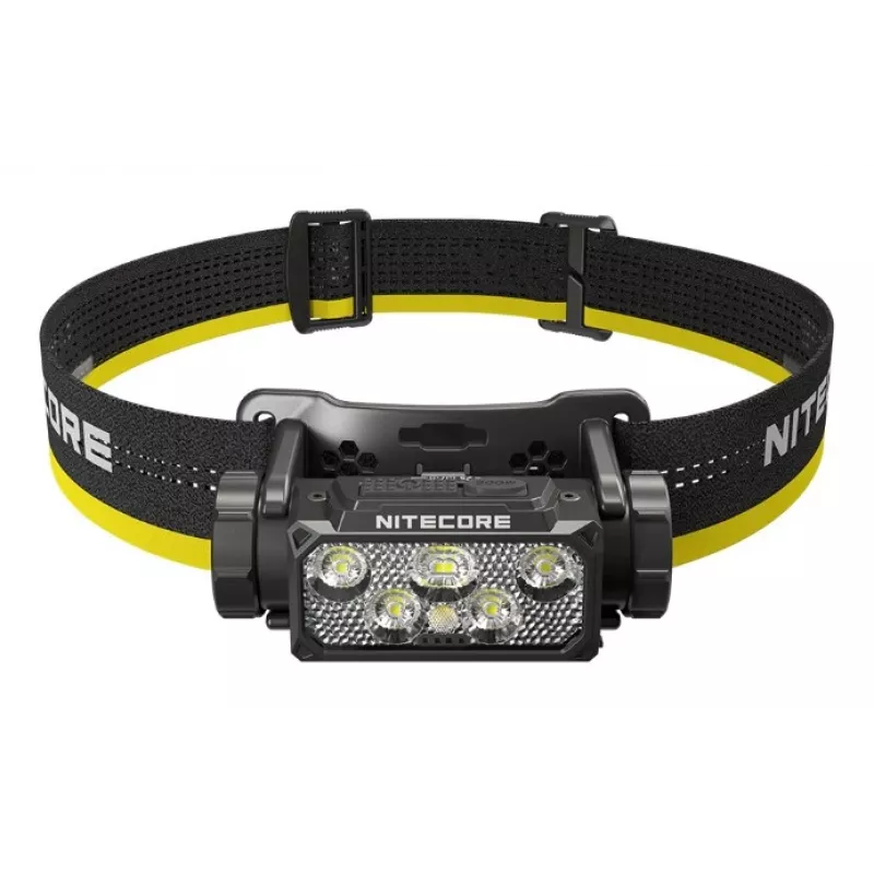 Nitecore HC60 UHE prikabinamas žibintuvėlis su galvos juosta, 4000 mAh baterija, 6 LED, vandeniui atsparus, smūgiams atsparus, juodai geltonas