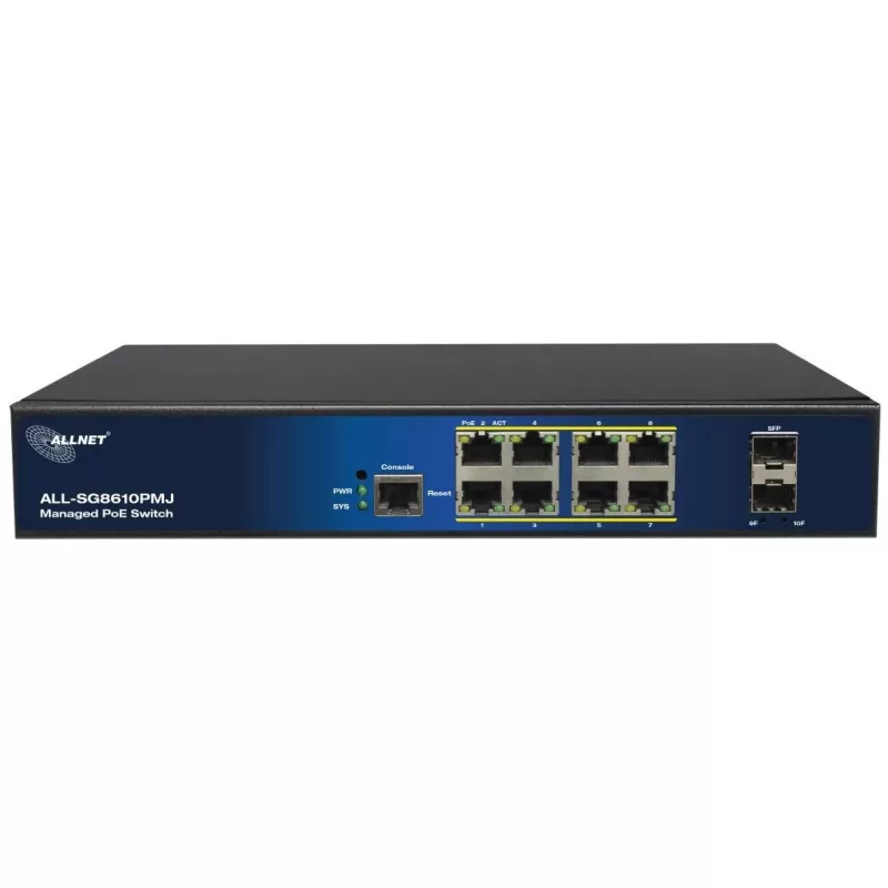 Valdomas 10 prievadų PoE jungiklis ALLNET ALL-SG8610PMJ su 8 PoE+ prievadais ir 2 magistraliniais prievadais