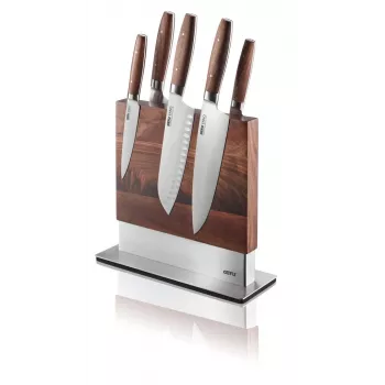 Magnetinis peilių laikiklis GEFU 13958 Guard – nerūdijantis plienas ir riešutmedis, 90×250×256 mm