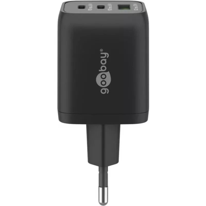 USB-C greitasis įkroviklis Nano, PD, GaN, 65 W, USB-C pintas laidas (juodas, 1x USB-A, 2x USB-C PD, Quick Charge 3.0, 1 m laidas)